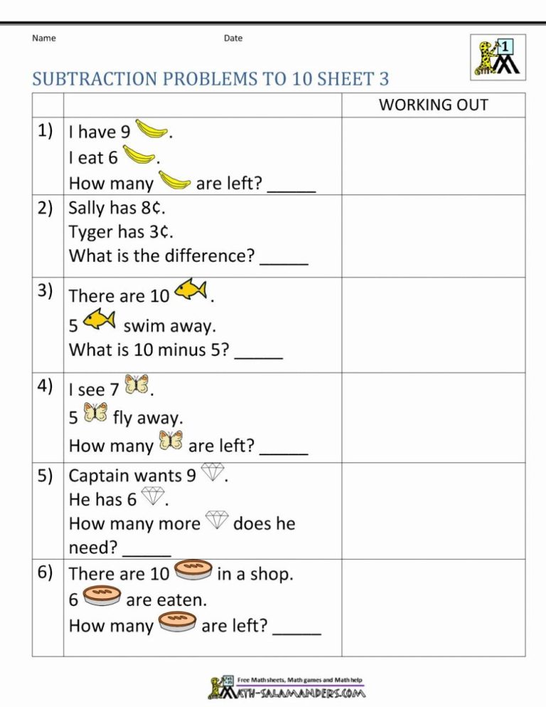 Printable First Grade Math Word Problems Worksheets