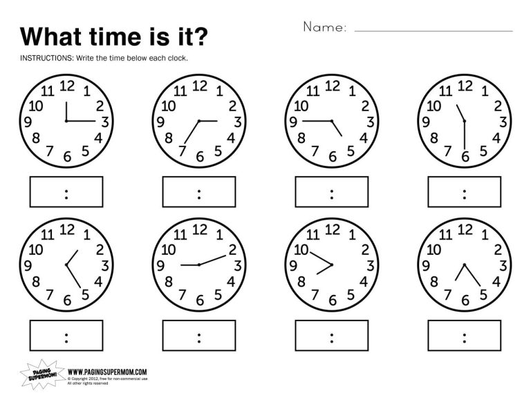 Printable Telling Time Worksheets Grade 1
