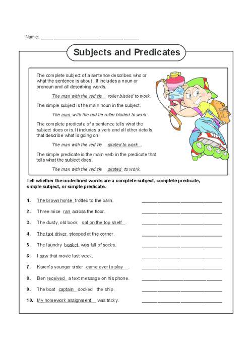 Subject And Predicate Worksheets With Answers For Grade 4