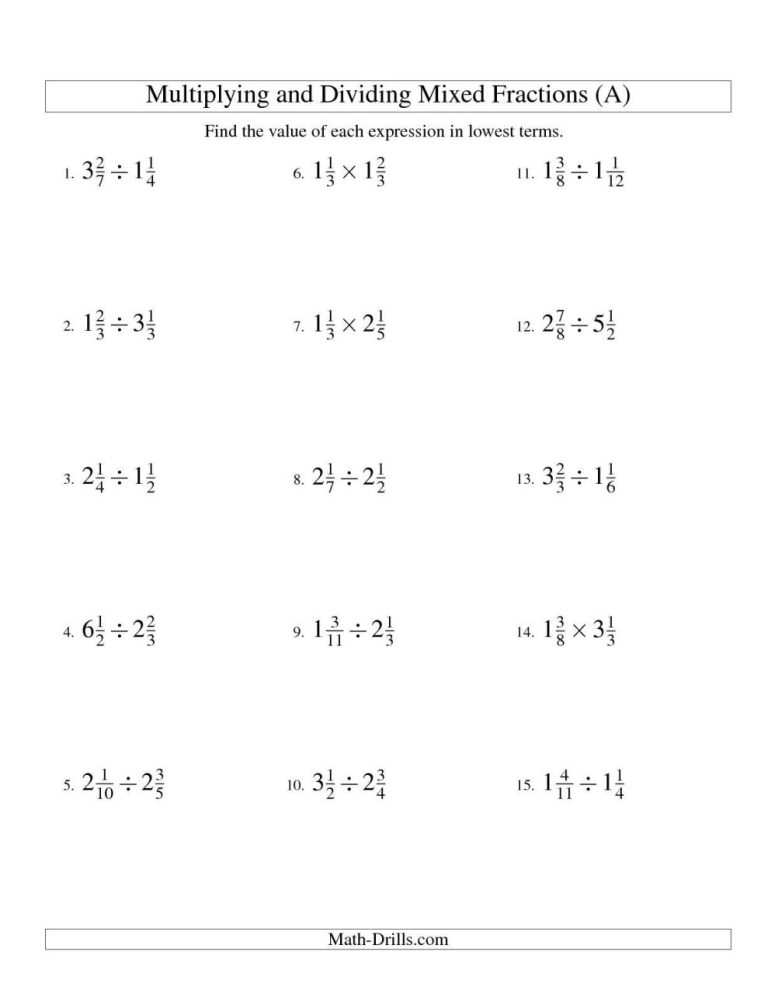 6th Grade Dividing Mixed Fractions Worksheet