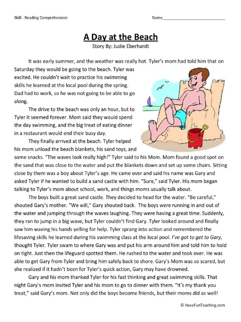Free a Day at the Beach Third Grade Reading Comprehension Worksheet