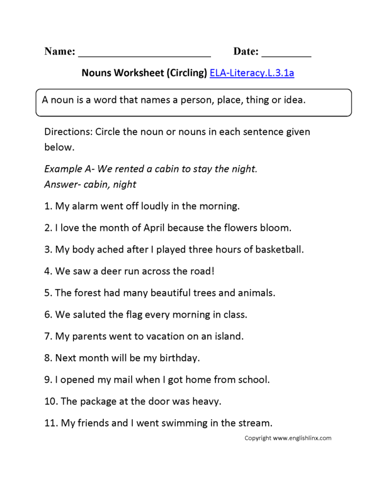 Nouns Worksheet For Grade 5 Online