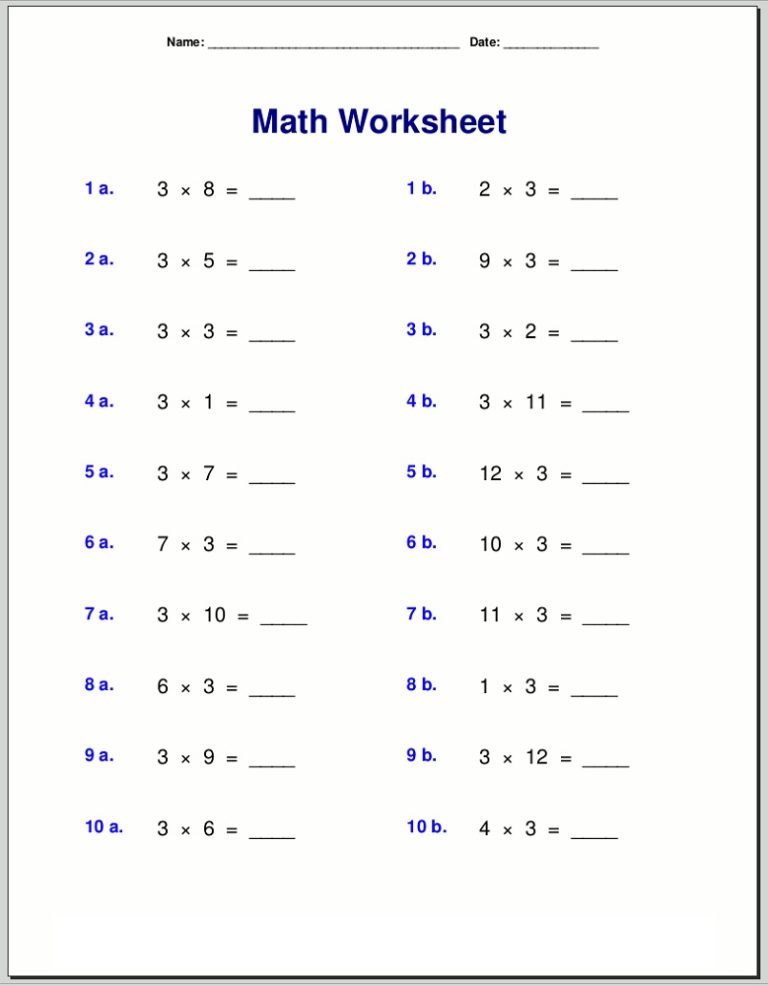 Multiplying By 3 Worksheets