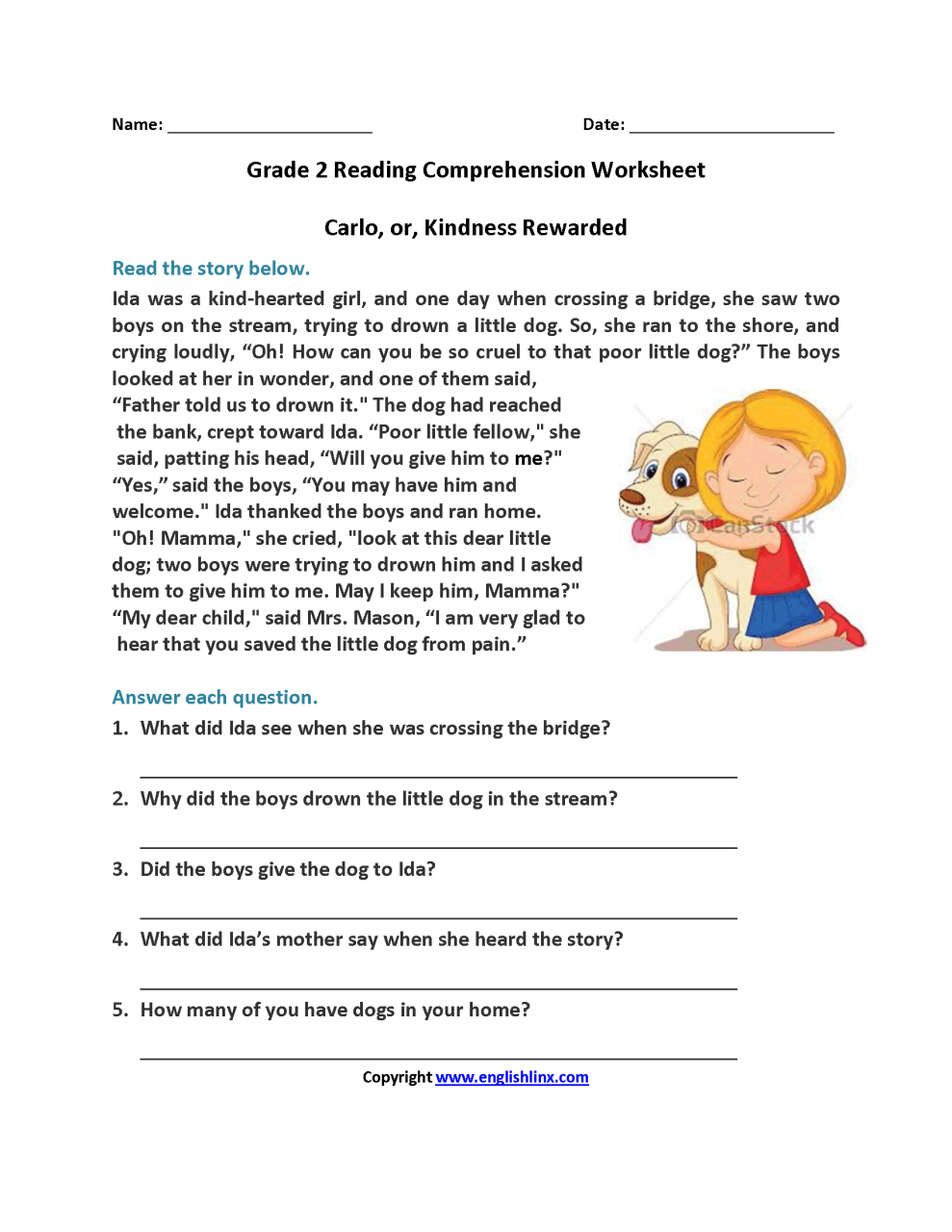 Carlo or Kindness Rewarded Second Grade Reading Worksheets 2nd grade
