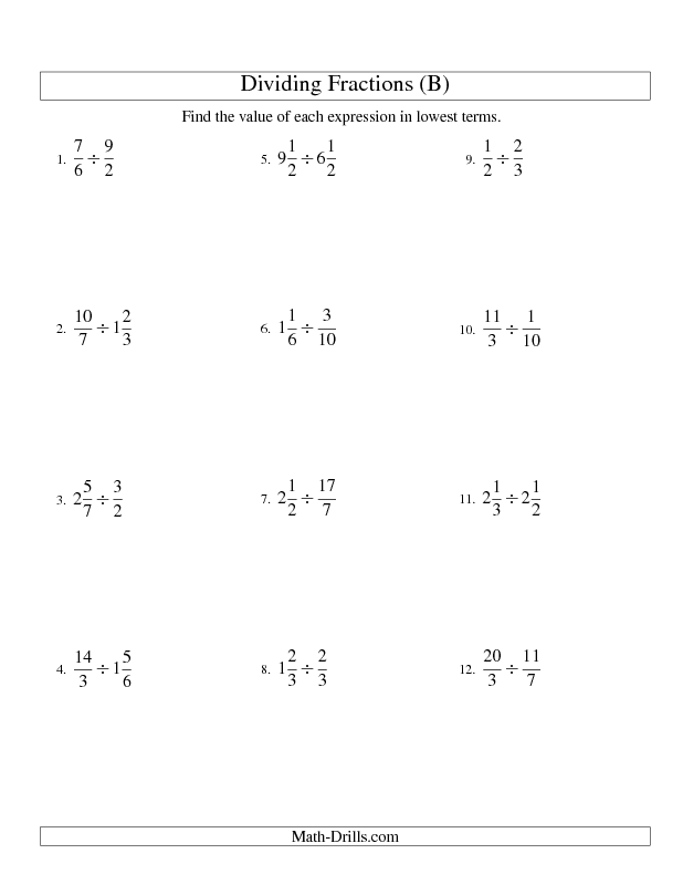 Mixed Fractions Dividing Fractions Worksheet With Answers