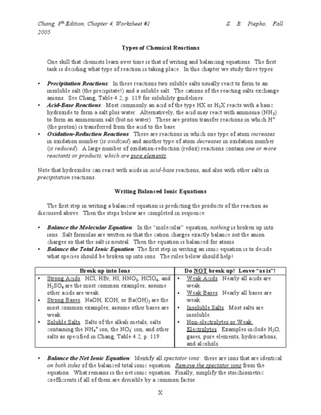 Types Of Reactions Worksheet Then Balancing Answer Key