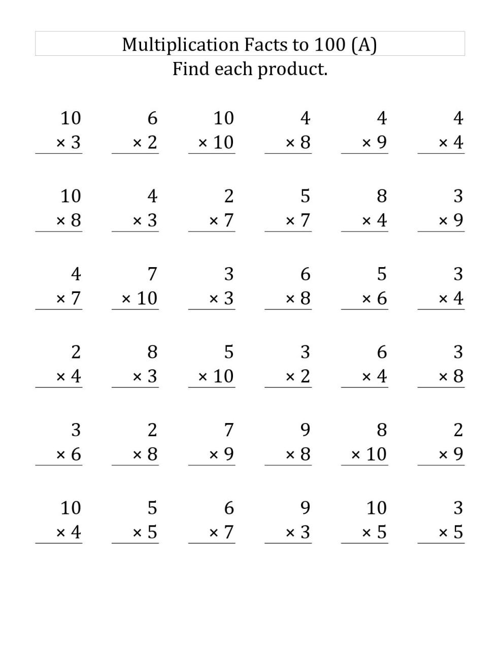 Multiplication Fact Worksheets Grade 3