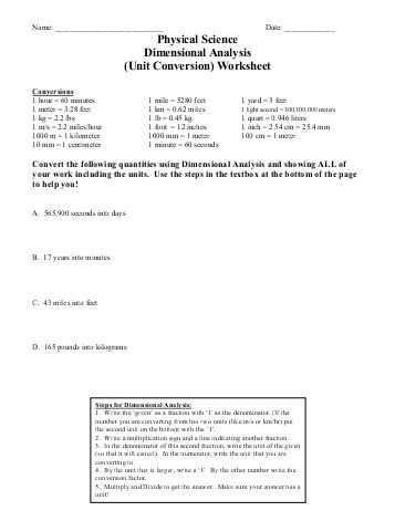 Dimensional Analysis Worksheet Answer Key Chemistry