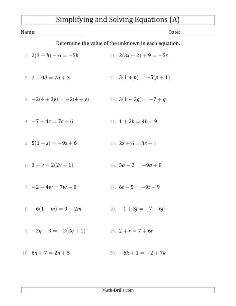 9th Grade Solving Algebraic Equations Worksheets