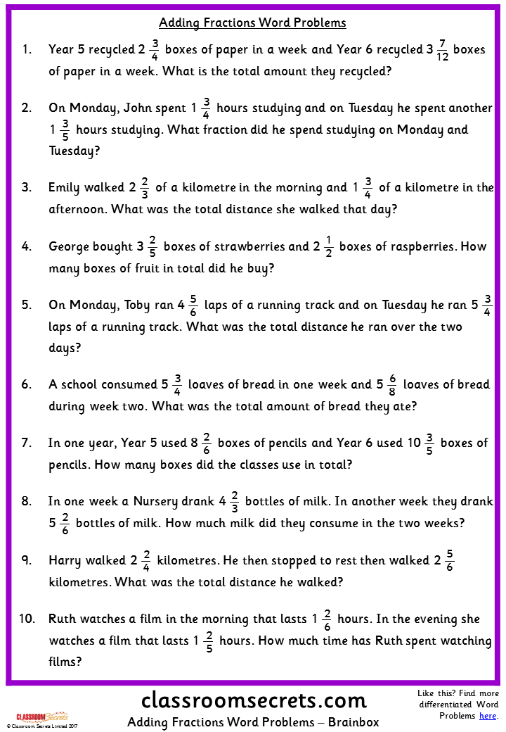 Adding And Subtracting Fractions Word Problems Worksheets 7th Grade