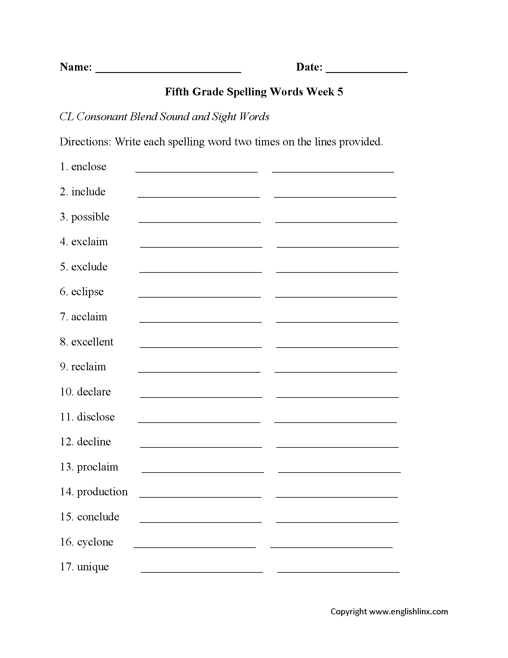 English Spelling Worksheets For Grade 5