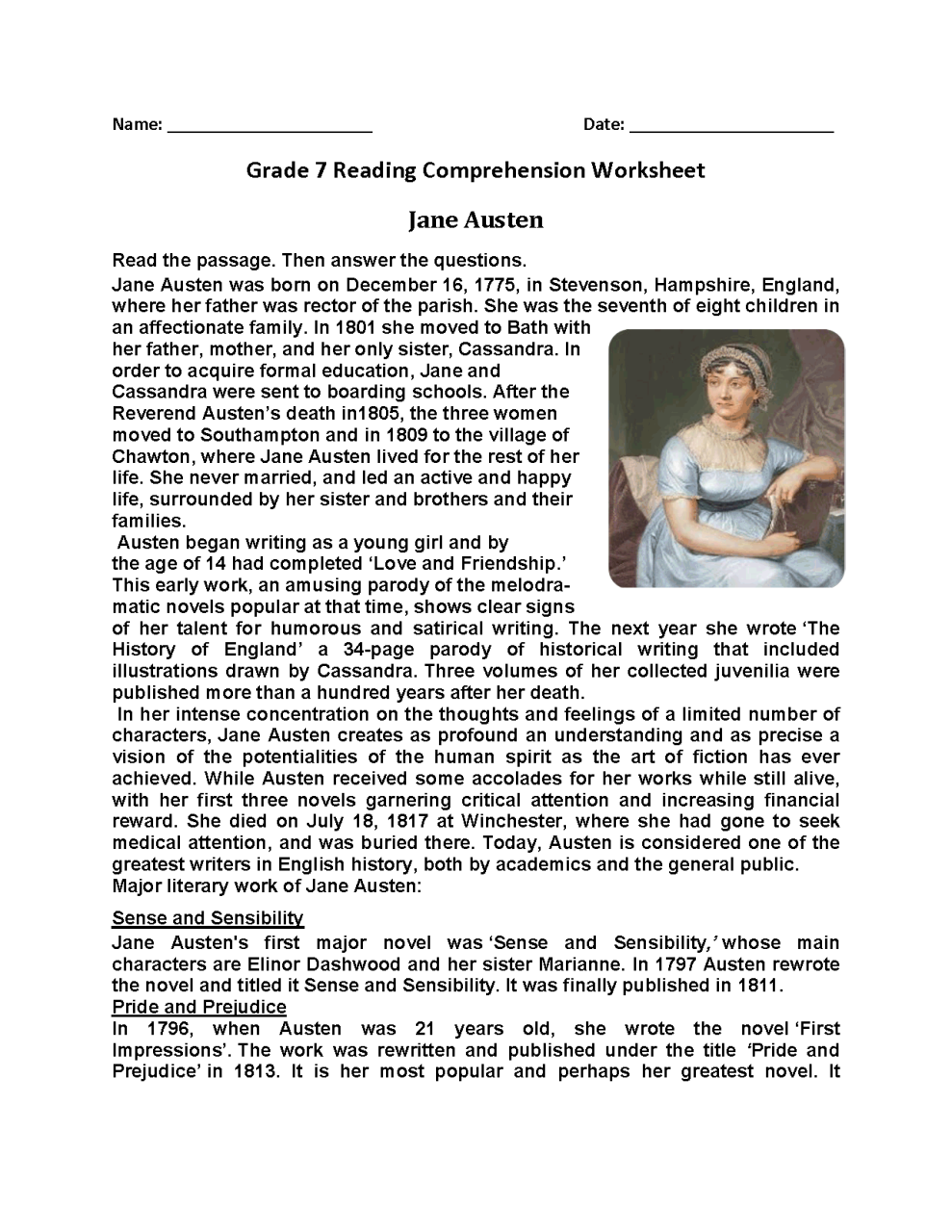 Reading Comprehension Worksheets For 7Th Grade Printables