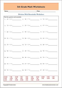 5th Grade Math Division Worksheets 2 x 1 digits EduMonitor
