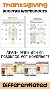 Thanksgiving Math Decimal Worksheet Bundle with Printable and Digital