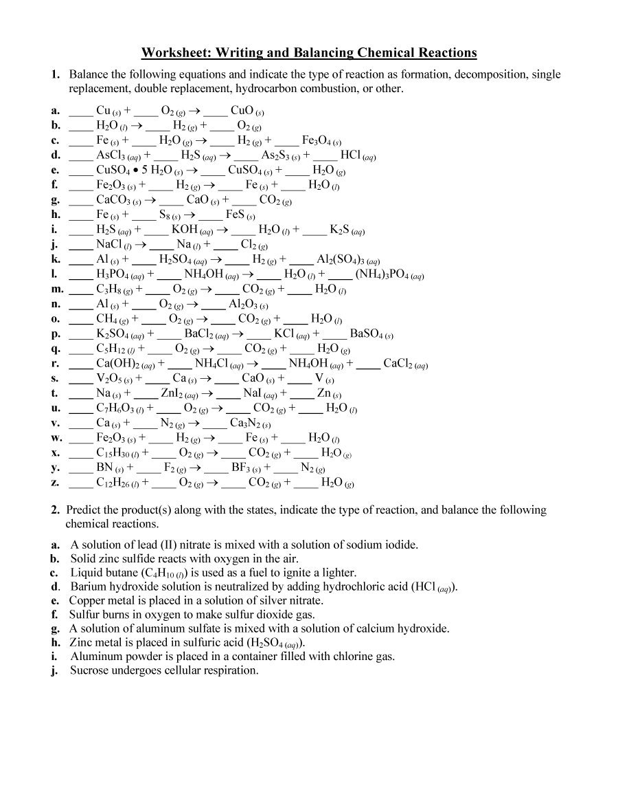 Chemical Reactions Balancing Equations Worksheets
