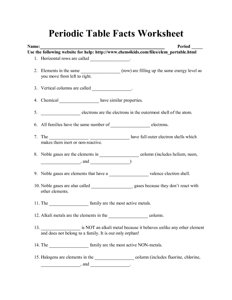 Periodic Table Worksheet Answers Chemistry