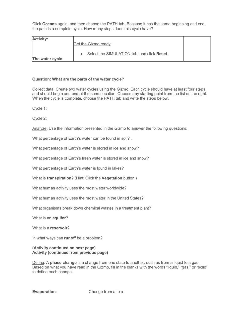 Water Cycle Worksheet Pdf Student Exploration Water Cycle Answer Key