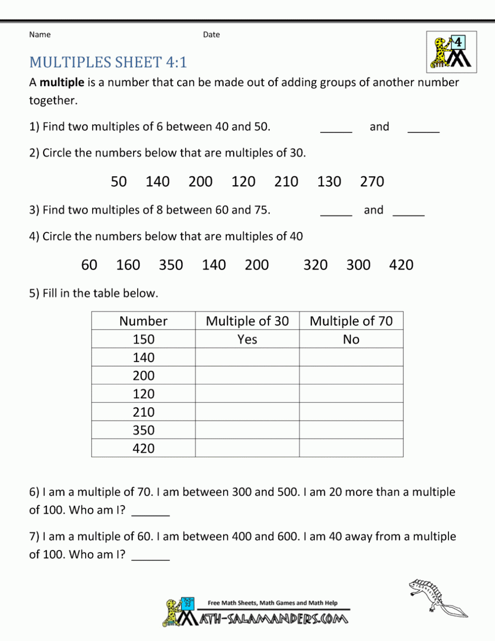 Factors And Multiples Worksheet For Grade 6 With Answers