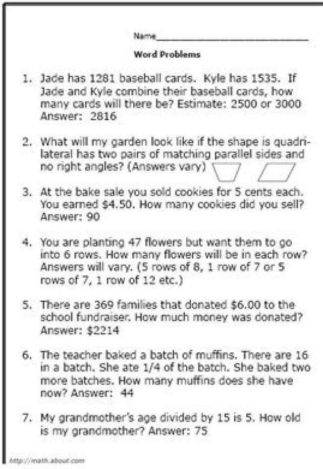 Free Printable 4Th Grade Math Problems Worksheets