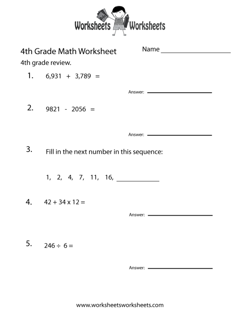 4Th Grade Math Review Worksheets Pdf