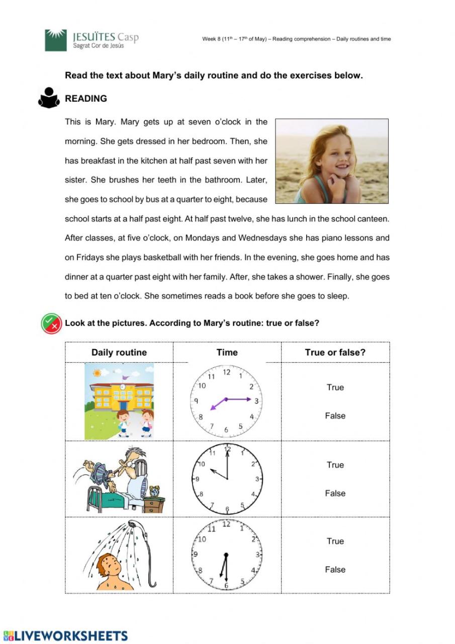 Worksheets Reading Comprehension Daily Routines