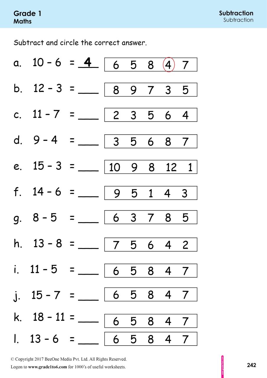 Math Worksheets 1St Grade Subtraction