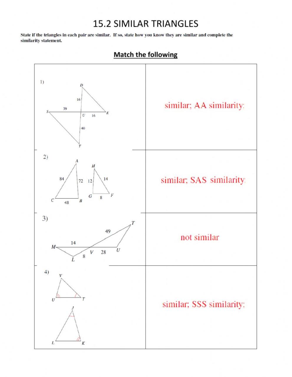 Similar Triangle Worksheet Answer Key