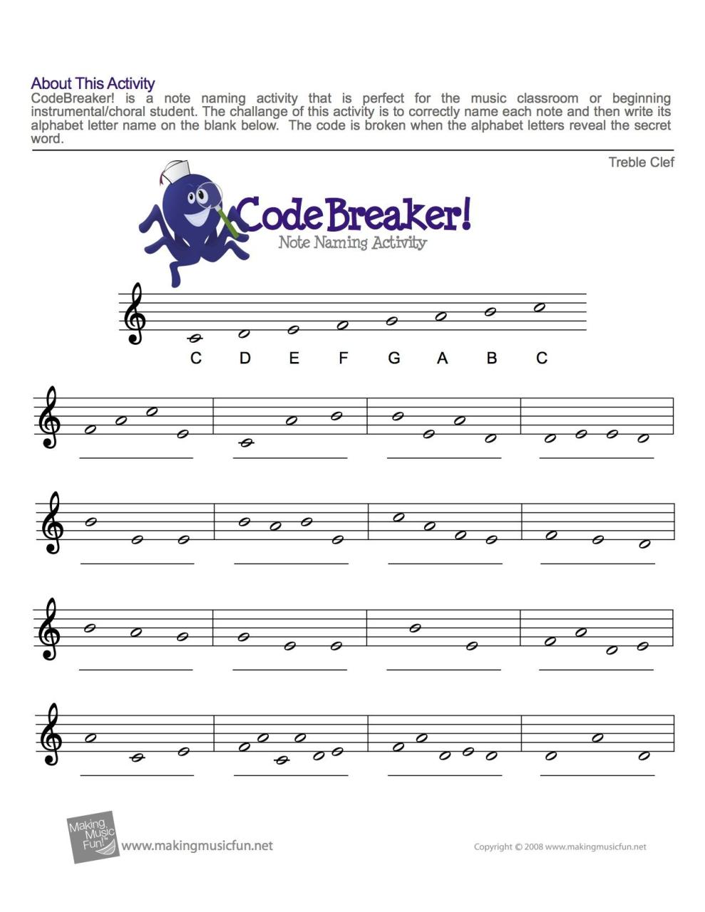 Treble Clef fun note reading Music theory worksheets, Music theory