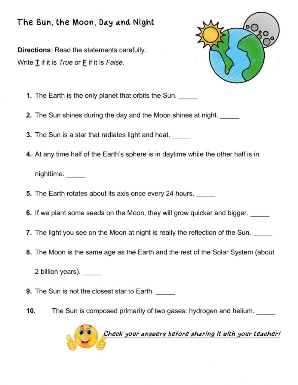 The Sun, The Moon, Day and Night worksheet