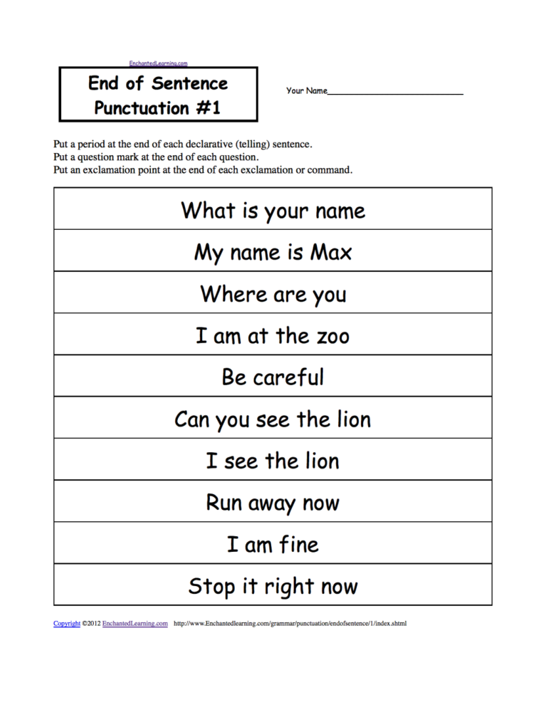 Free Punctuation Worksheets For Grade 1