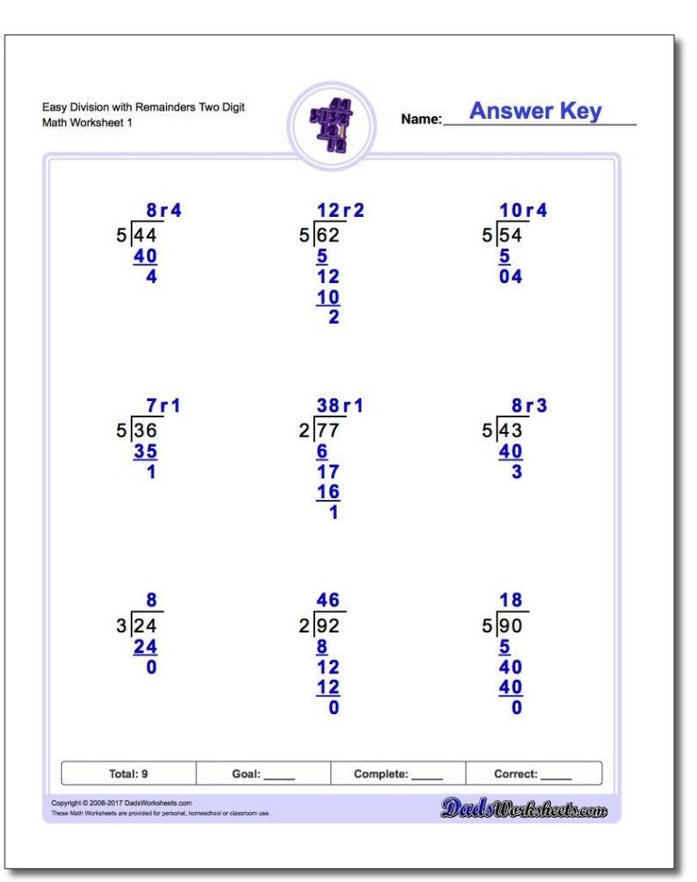 Long Division Worksheets With Remainders Answers