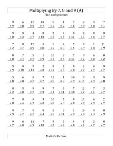 The Multiplying 1 to 12 by 7, 8 and 9 (A) Math Worksheet