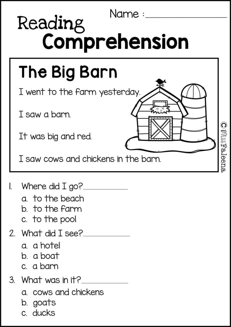 Reading Comprehension Worksheets For Kindergarten Students