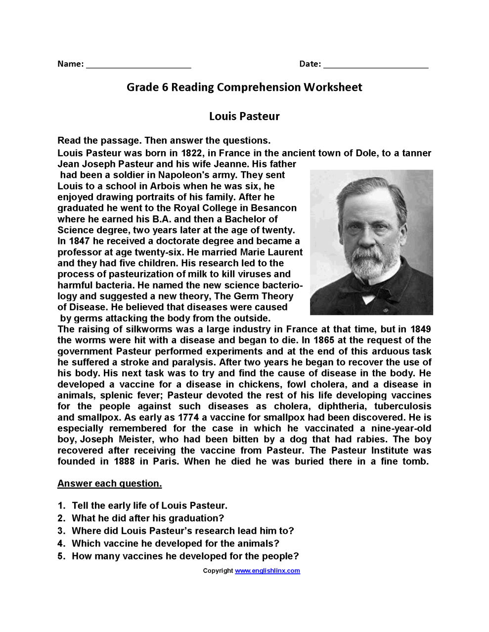 Free Comprehension Worksheets For Grade 6