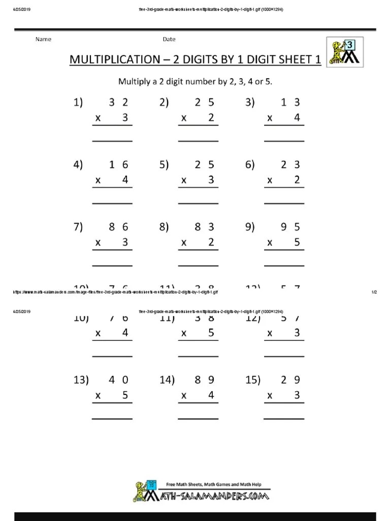 Free 3rd Grade Math Worksheets Multiplication 2 Digits by 1 Digit 1