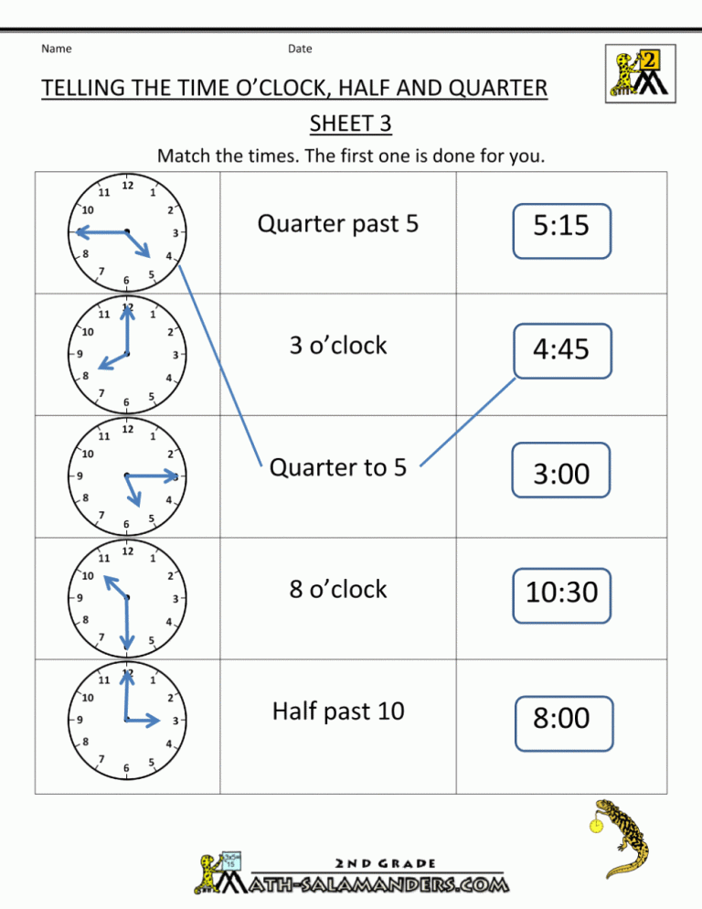 Half Past Time Worksheets Grade 2
