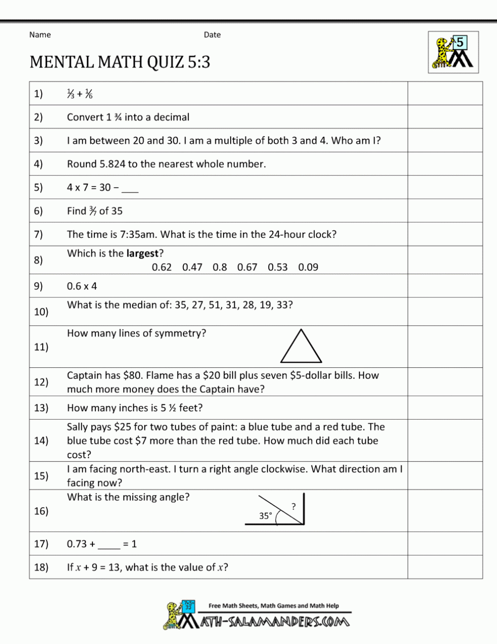 Math Worksheet Grade 5
