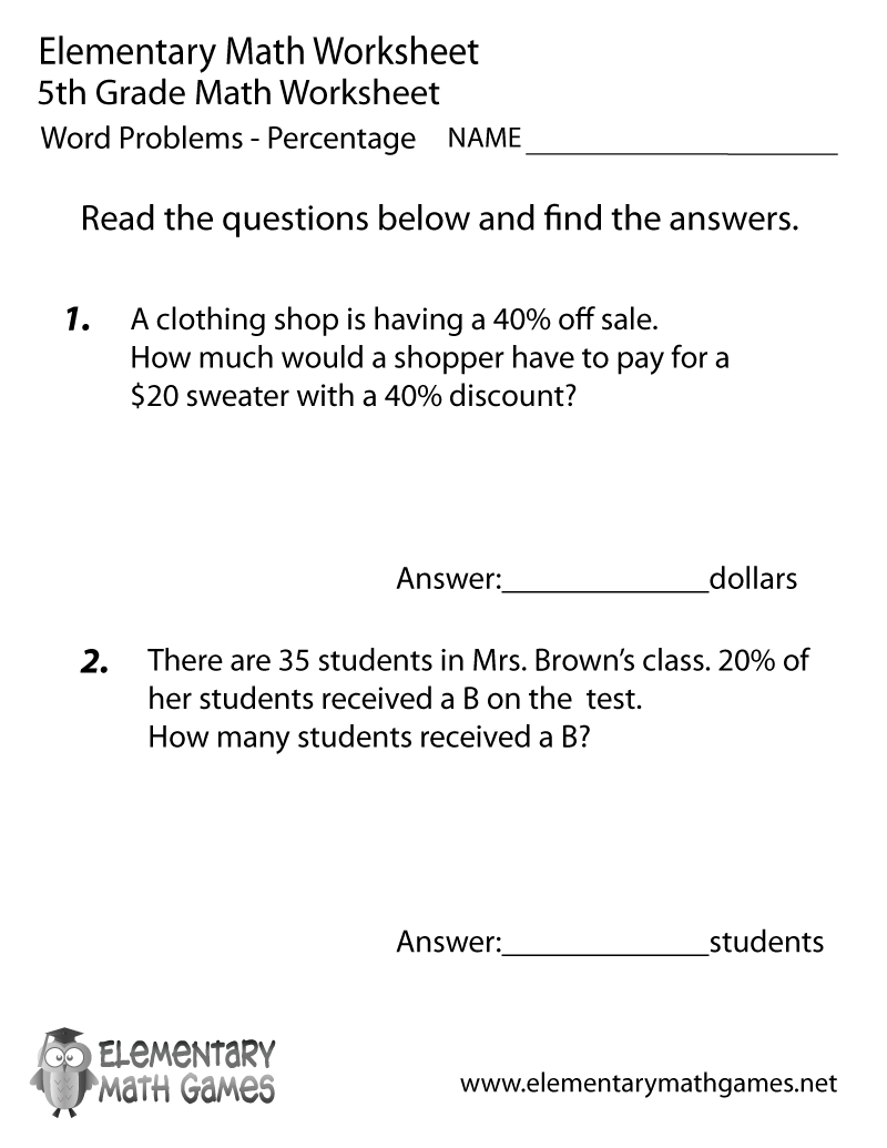 Math Worksheets 5Th Grade Word Problems
