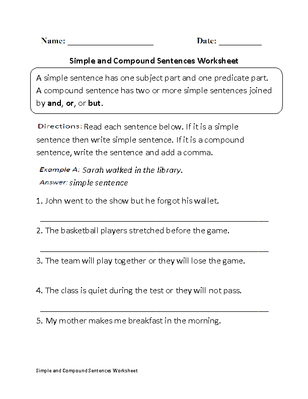 7th Grade Simple And Compound Sentences Worksheet