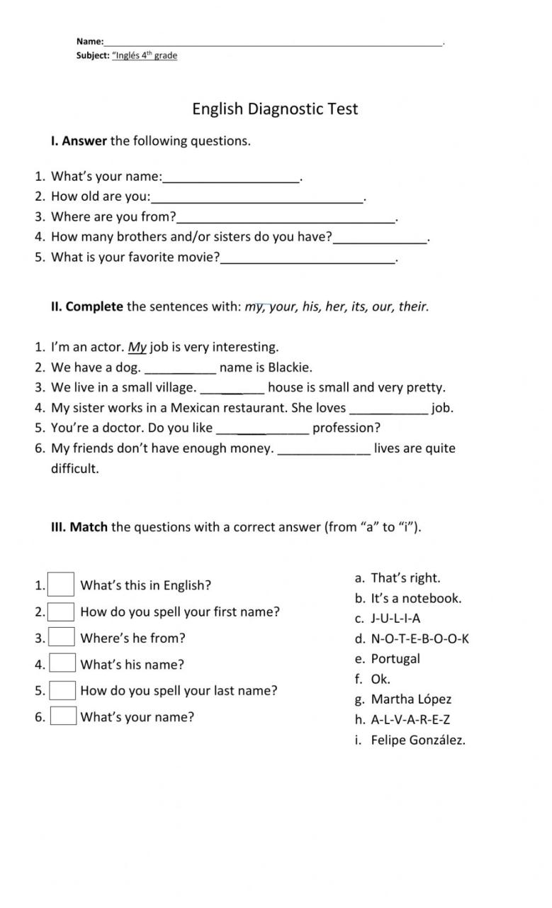 Diagnostic test 4th grade worksheet