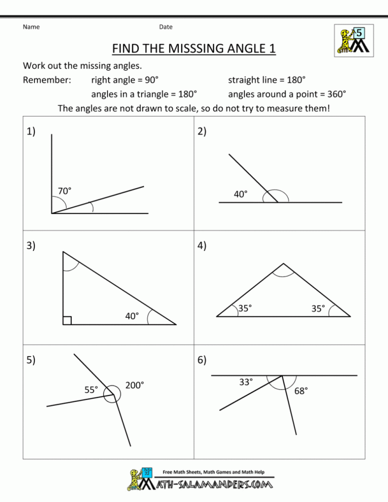 5th Grade Supplementary Angles Worksheet
