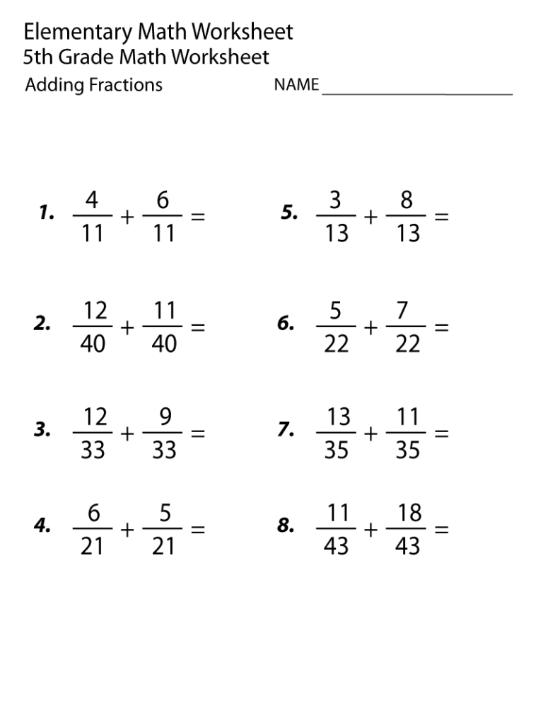 Math Worksheets Grade 5 Adding Fractions