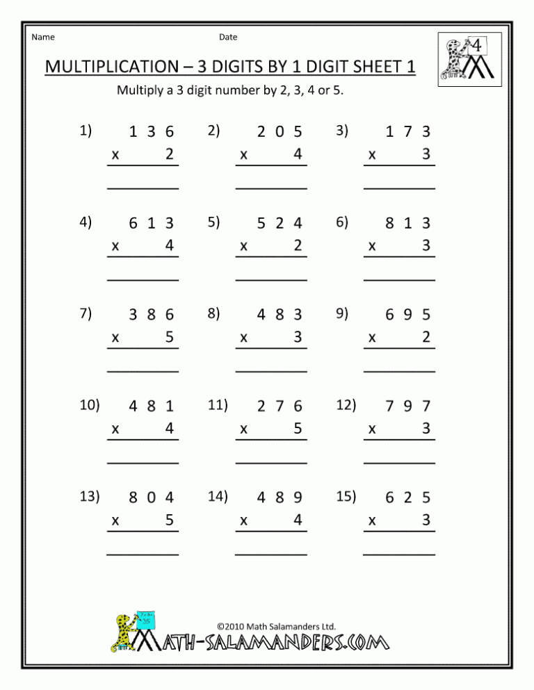Multiplication Worksheets Grade 4 Cbse