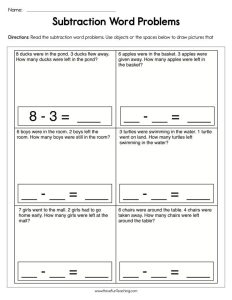Subtraction Equations Word Problems Worksheet Subtraction word