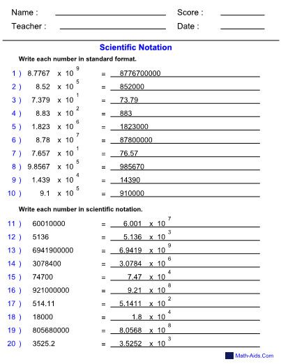 Scientific Notation Worksheet Answers Math Aids