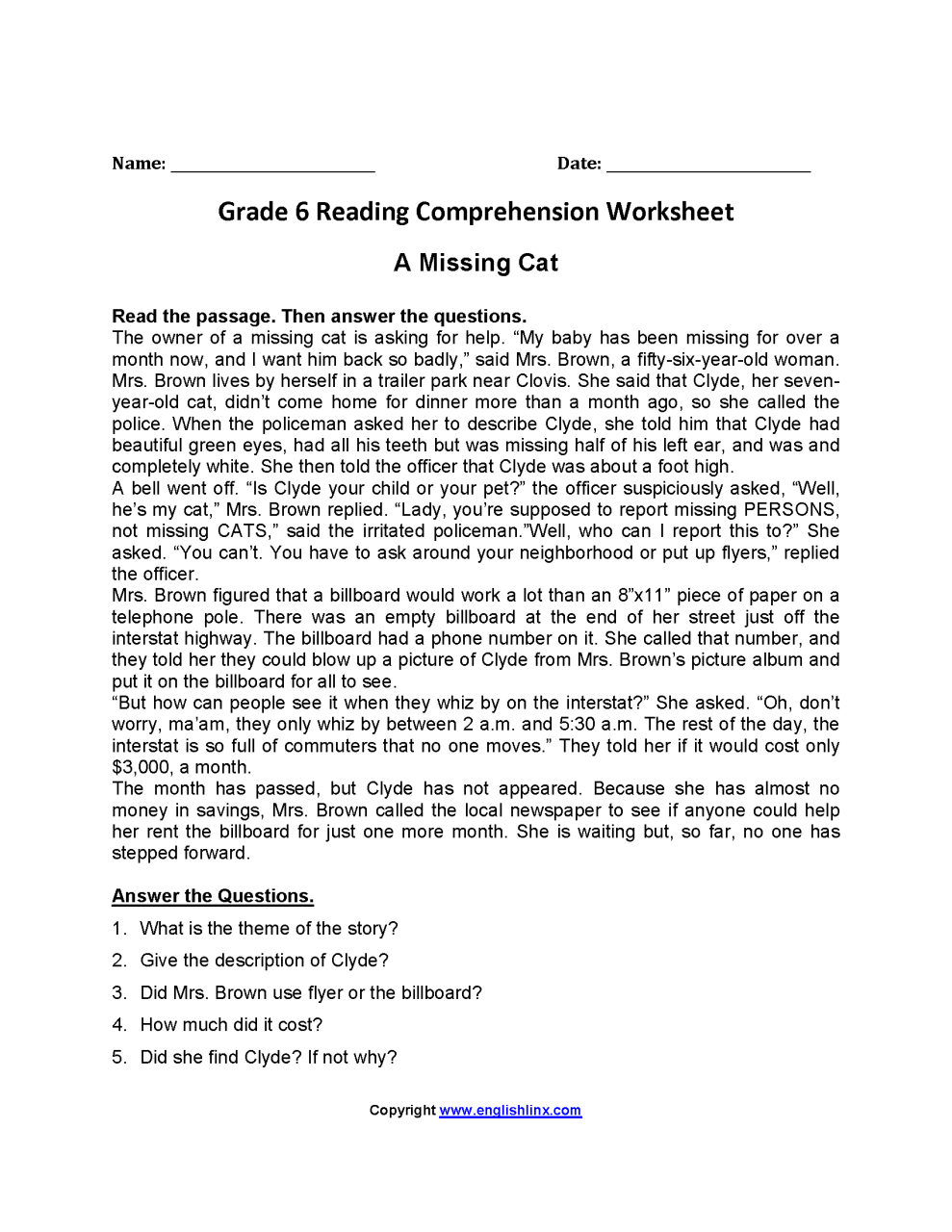 Reading Worksheets For Grade 6 Pdf