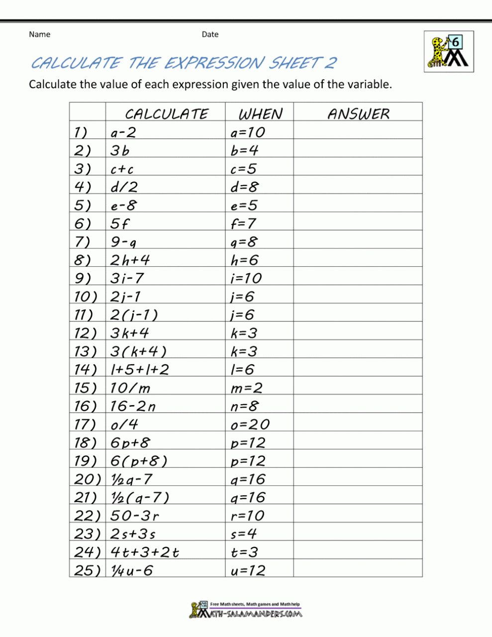 6Th Grade Math Worksheets Algebra