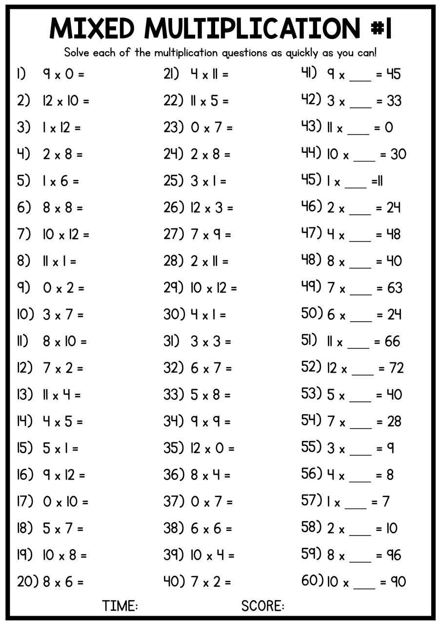 Mixed Multiplication Times Table Worksheets Four Free Worksheets
