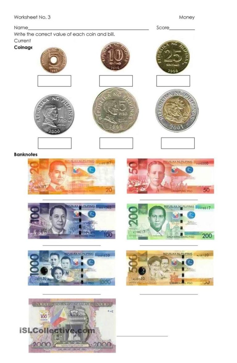 Identifying Philippine Money Worksheets For Kindergarten