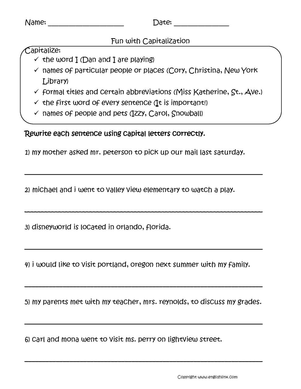 Capitalization And Punctuation Worksheets With Answers